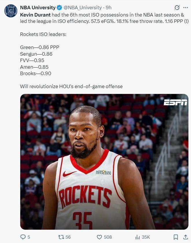 火箭用联盟97换联盟第十！KD能力值衬斯通妙手：单打效率联盟封王